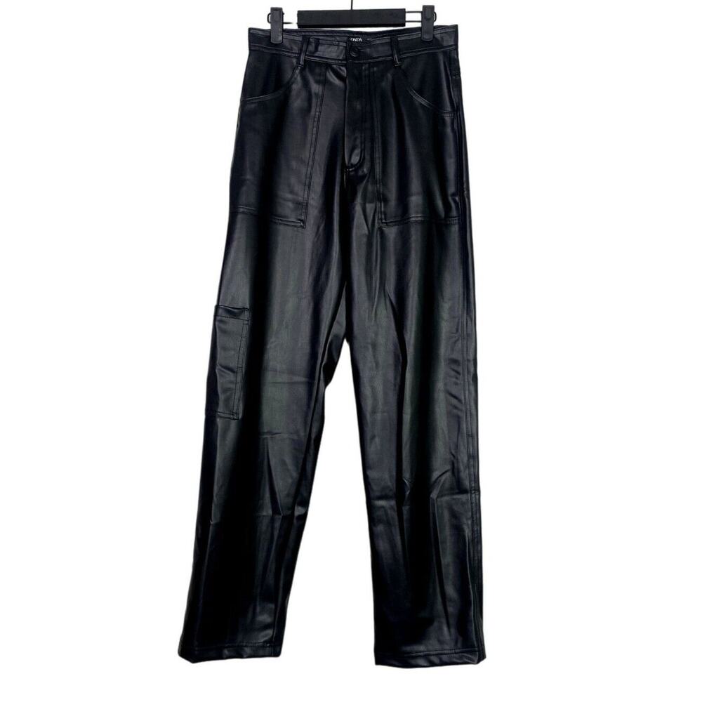 ZARA Wide Leg High Rise Faux Leather Edgy Moto Biker Full Length Pants M Black - Picture 1 of 16